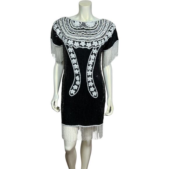 Vintage Black Sequin Beaded Fringe Dress Elegant Floral Design Flapper-Inspired - Picture 16 of 16